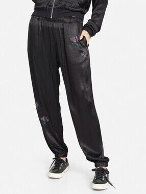 LAUREN MOSHI | Black Jogger Pants with Pink & Teal Rhinestone Roses